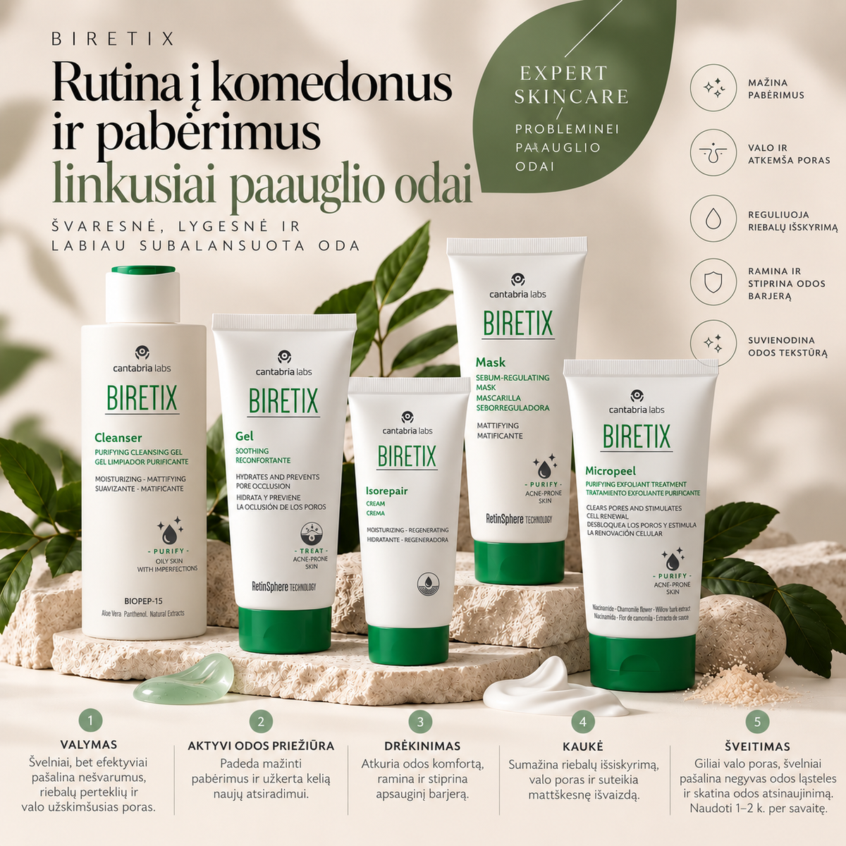 Rinkinys į komedonus ir pabėrimus linkusiai paauglio odai